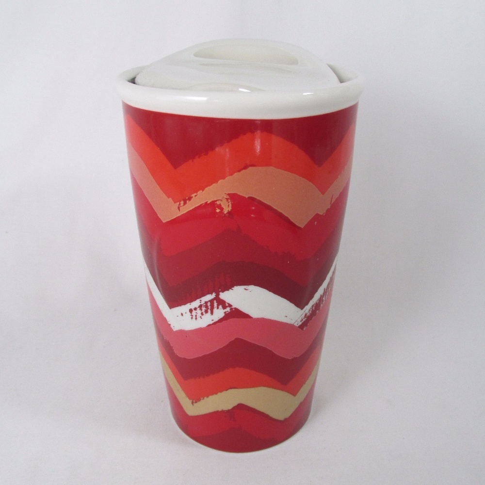 Starbucks Travel Tumbler Mug Coffee Cup w Lid 10 oz Red Chevron Ceramic 2014